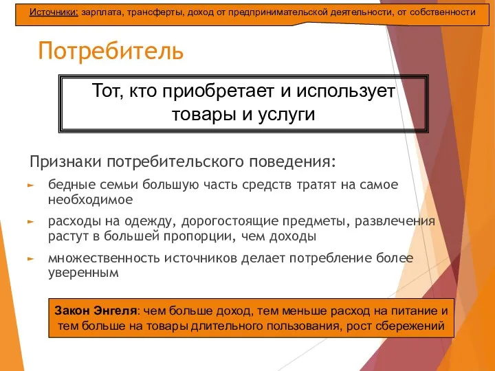 Потребитель Признаки потребительского поведения: бедные семьи большую часть средств тратят