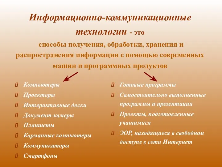 Информационно-коммуникационные технологии - это способы получения, обработки, хранения и распространения информации с помощью