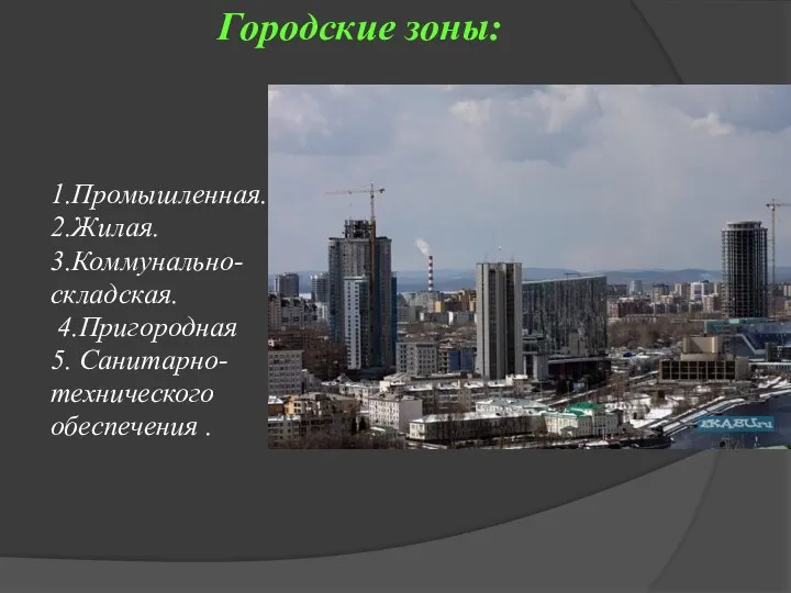 Городские зоны: 1.Промышленная. 2.Жилая. 3.Коммунально- складская. 4.Пригородная 5. Санитарно- технического обеспечения .