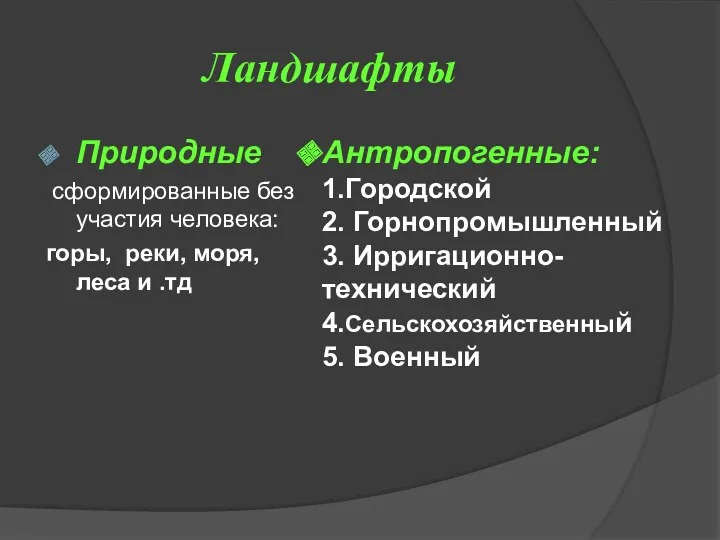 Ландшафты Природные сформированные без участия человека: горы, реки, моря, леса