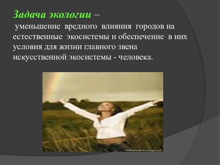 Задача экологии – уменьшение вредного влияния городов на естественные экосистемы