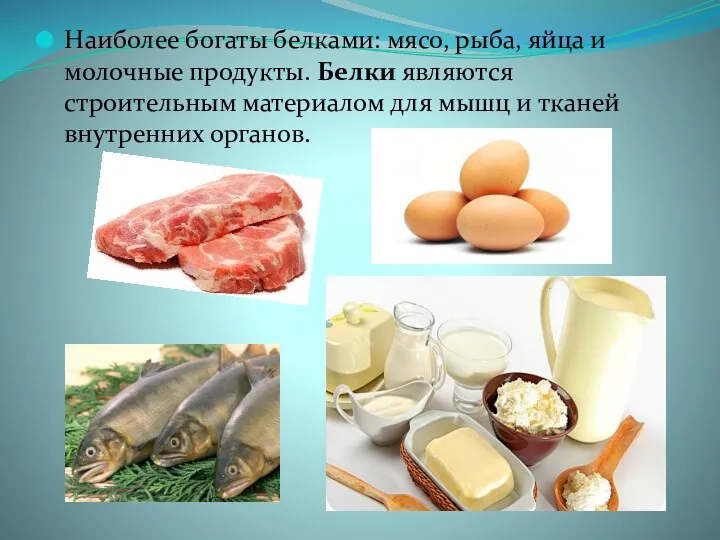 Наиболее богаты белками: мясо, рыба, яйца и молочные продукты. Белки