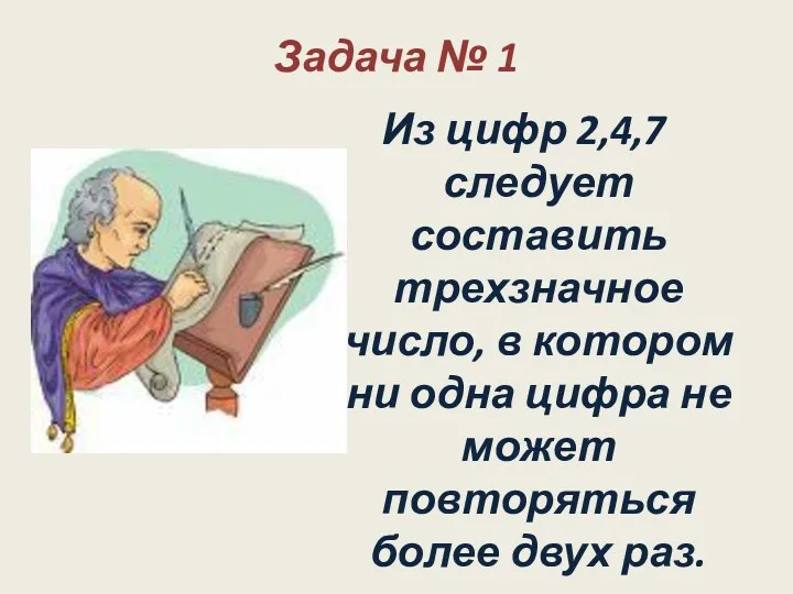 Задача № 1 Из цифр 2,4,7 следует составить трехзначное число,