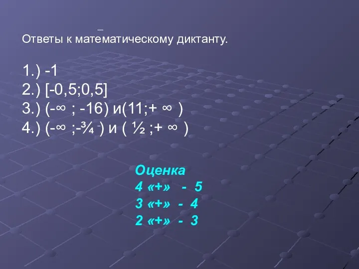 Ответы к математическому диктанту. 1.) -1 2.) [-0,5;0,5] 3.) (-∞