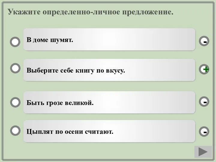 Укажите определенно-личное предложение. Выберите себе книгу по вкусу. Быть грозе