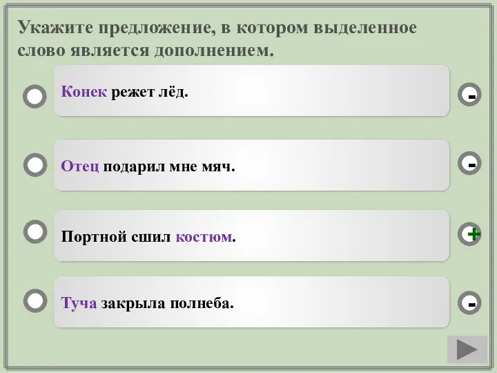 Укажите предложение, в котором выделенное слово является дополнением. Портной сшил