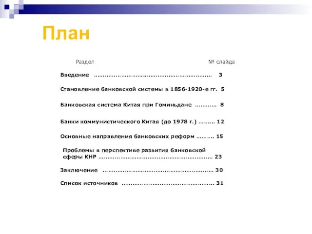 План № слайда Раздел Введение ………………………..……………………………… Становление банковской системы в