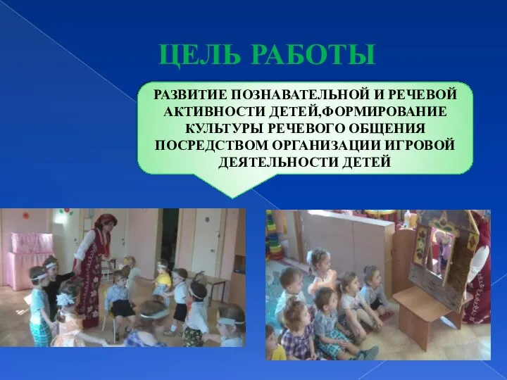 ЦЕЛЬ РАБОТЫ РАЗВИТИЕ ПОЗНАВАТЕЛЬНОЙ И РЕЧЕВОЙ АКТИВНОСТИ ДЕТЕЙ,ФОРМИРОВАНИЕ КУЛЬТУРЫ РЕЧЕВОГО ОБЩЕНИЯ ПОСРЕДСТВОМ ОРГАНИЗАЦИИ ИГРОВОЙ ДЕЯТЕЛЬНОСТИ ДЕТЕЙ