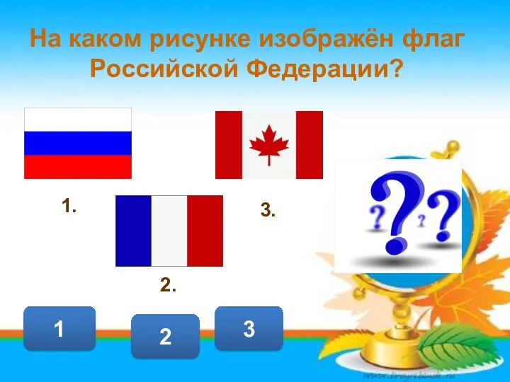 1 3 2 На каком рисунке изображён флаг Российской Федерации? 1. 3. 2.