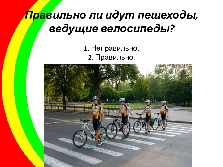 Правильно ли идут пешеходы, ведущие велосипеды? 1. Неправильно. 2. Правильно.