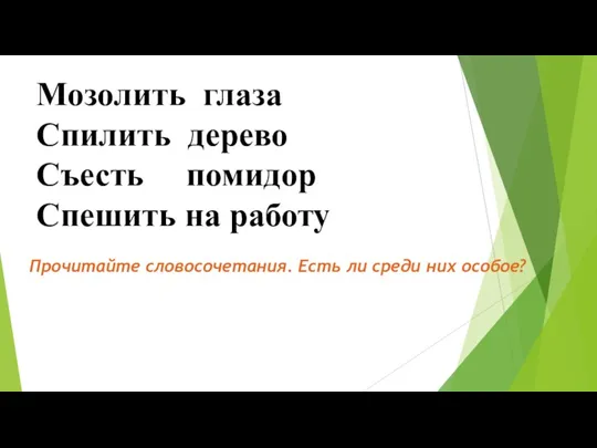 Мозолить глаза Спилить дерево Съесть помидор Спешить на работу Прочитайте словосочетания. Есть ли среди них особое?