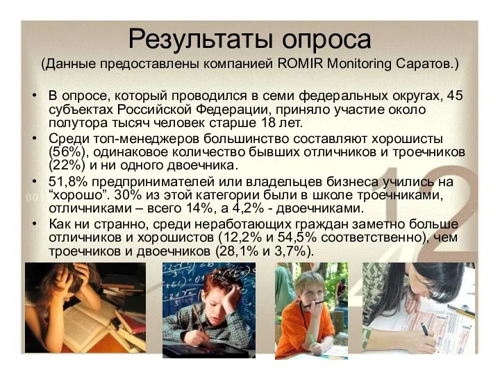 Результаты опроса (Данные предоставлены компанией ROMIR Monitoring Саратов.) В опросе, который проводился в