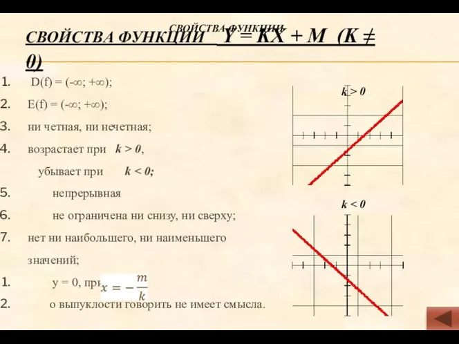 СВОЙСТВА ФУНКЦИИ Y = KX + M (K ≠ 0)