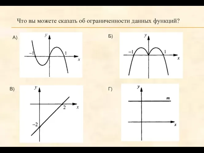 Что вы можете сказать об ограниченности данных функций? А) Б) В) Г)