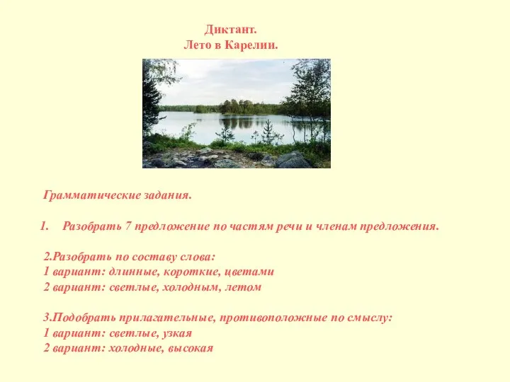 Диктант. Лето в Карелии. Грамматические задания. Разобрать 7 предложение по