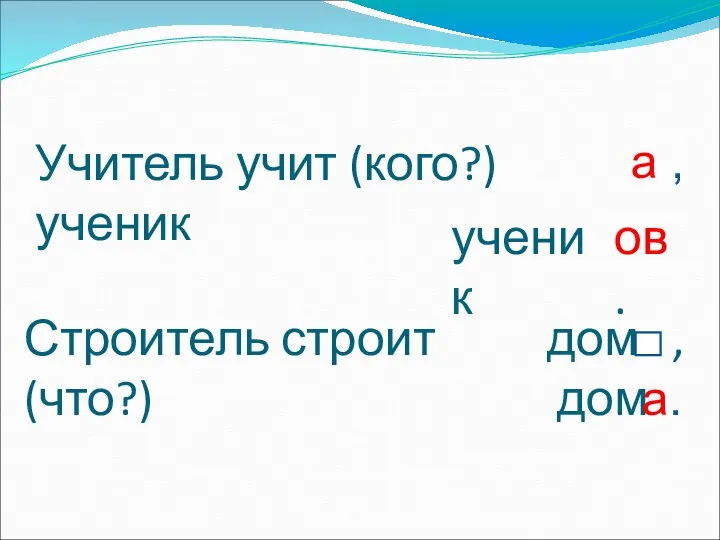 Учитель учит (кого?) ученик а , ученик ов. Строитель строит (что?) дом , дом а.