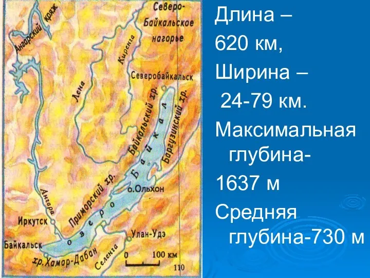 Длина – 620 км, Ширина – 24-79 км. Максимальная глубина- 1637 м Средняя глубина-730 м