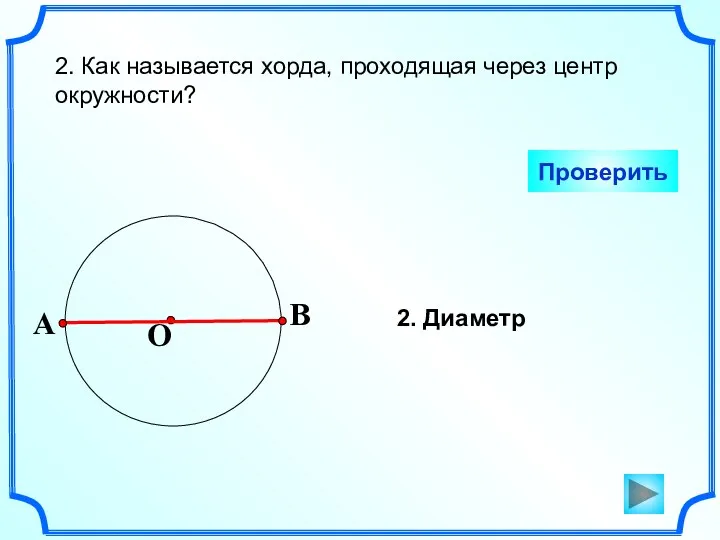 2. Как называется хорда, проходящая через центр окружности? Проверить 2. Диаметр