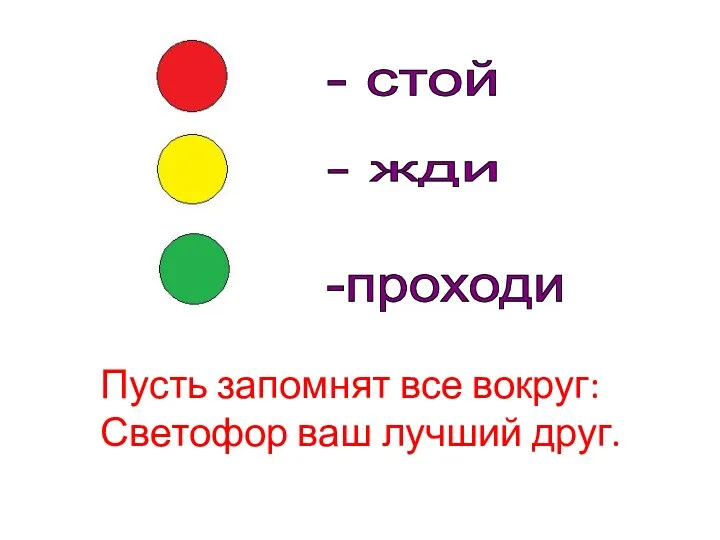 - стой - жди -проходи Пусть запомнят все вокруг: Светофор ваш лучший друг.