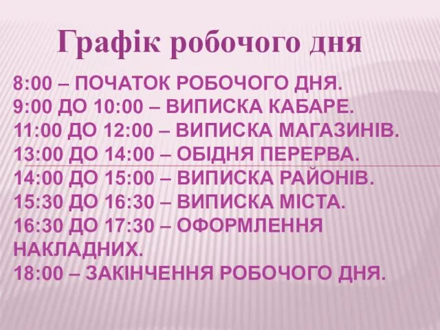 Графік робочого дня 8:00 – ПОЧАТОК РОБОЧОГО ДНЯ. 9:00 ДО