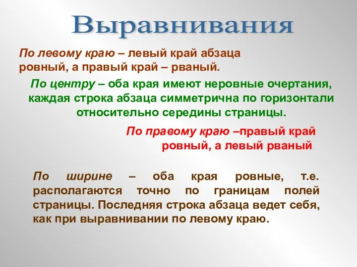 Выравнивания По левому краю – левый край абзаца ровный, а