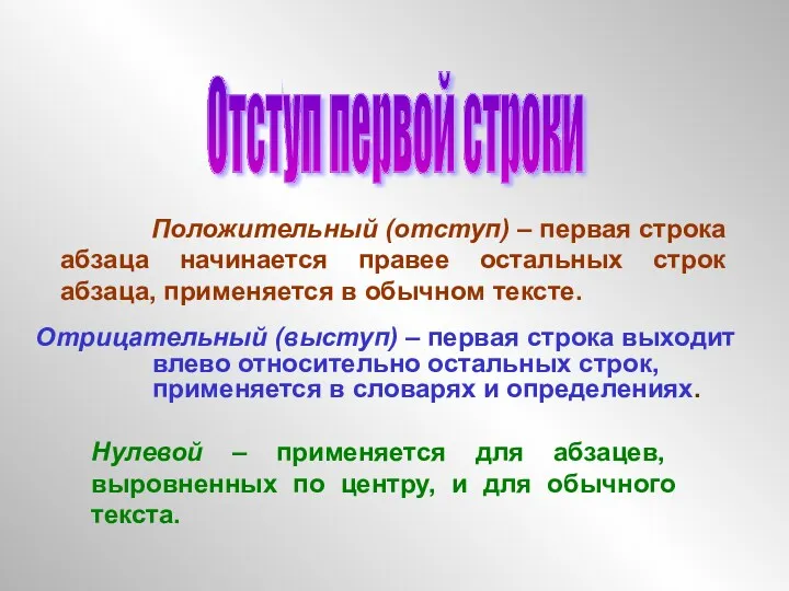 Отступ первой строки Положительный (отступ) – первая строка абзаца начинается