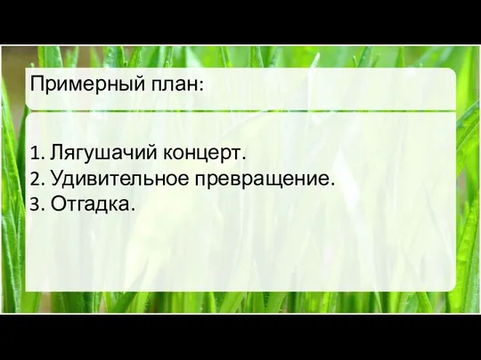 Примерный план: 1. Лягушачий концерт. 2. Удивительное превращение. 3. Отгадка.