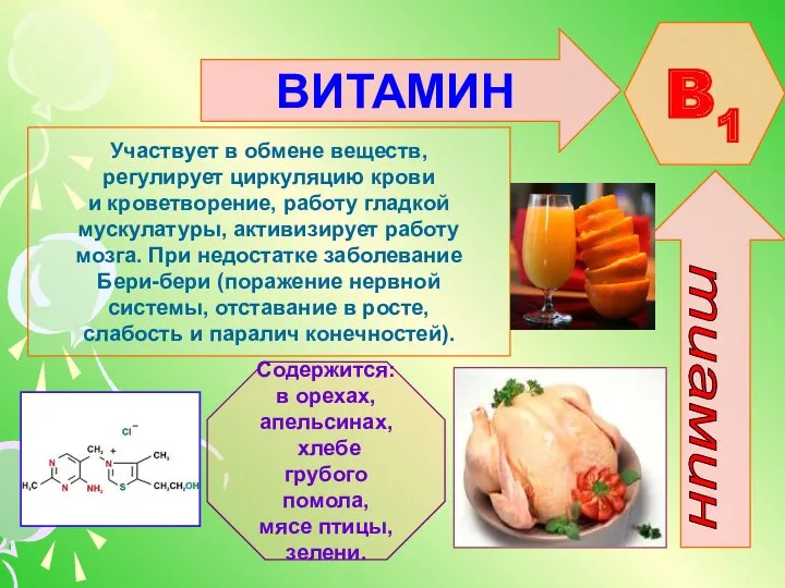 ВИТАМИН B1 Участвует в обмене веществ, регулирует циркуляцию крови и кроветворение, работу гладкой