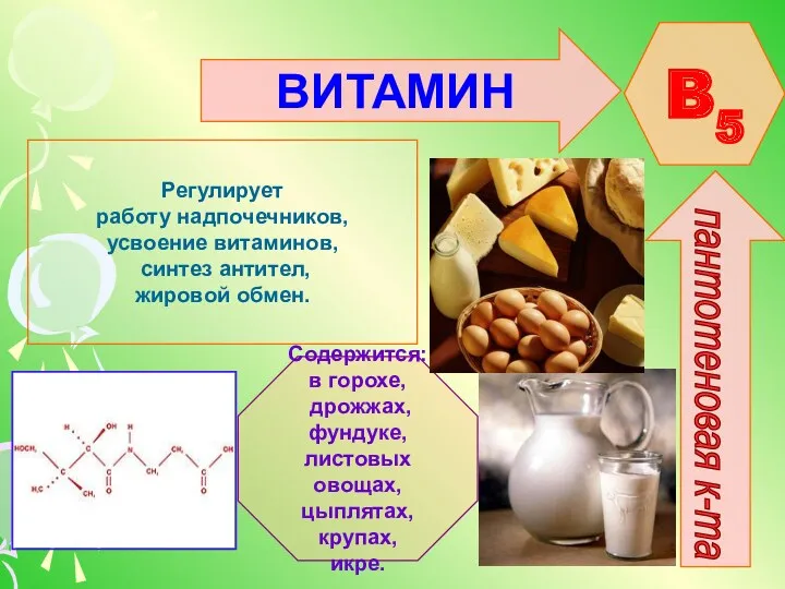 ВИТАМИН B5 пантотеновая к-та Регулирует работу надпочечников, усвоение витаминов, синтез