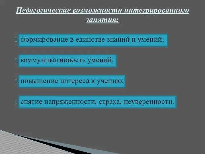 формирование в единстве знаний и умений; коммуникативность умений; повышение интереса