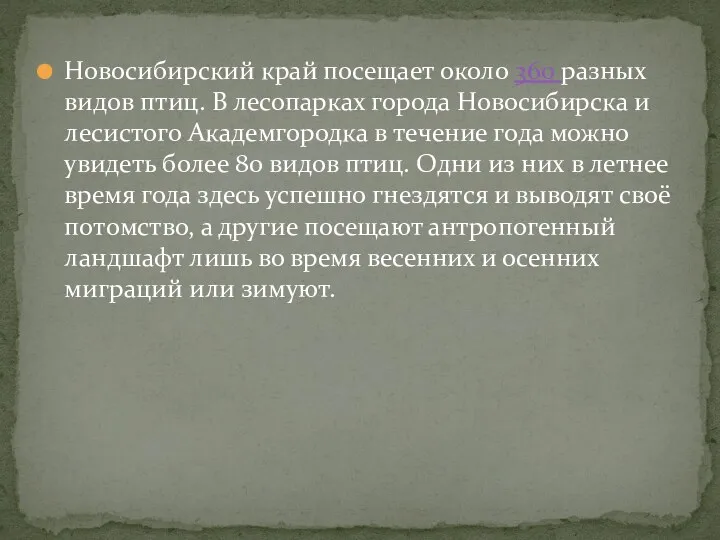 Новосибирский край посещает около 360 разных видов птиц. В лесопарках