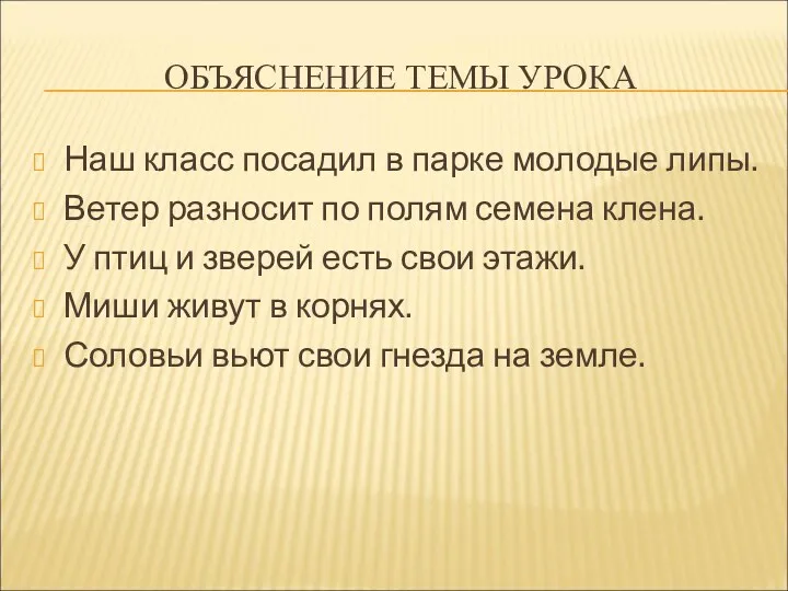 ОБЪЯСНЕНИЕ ТЕМЫ УРОКА Наш класс посадил в парке молодые липы.