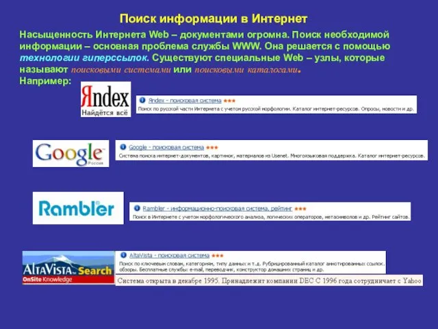 Поиск информации в Интернет Насыщенность Интернета Web – документами огромна.