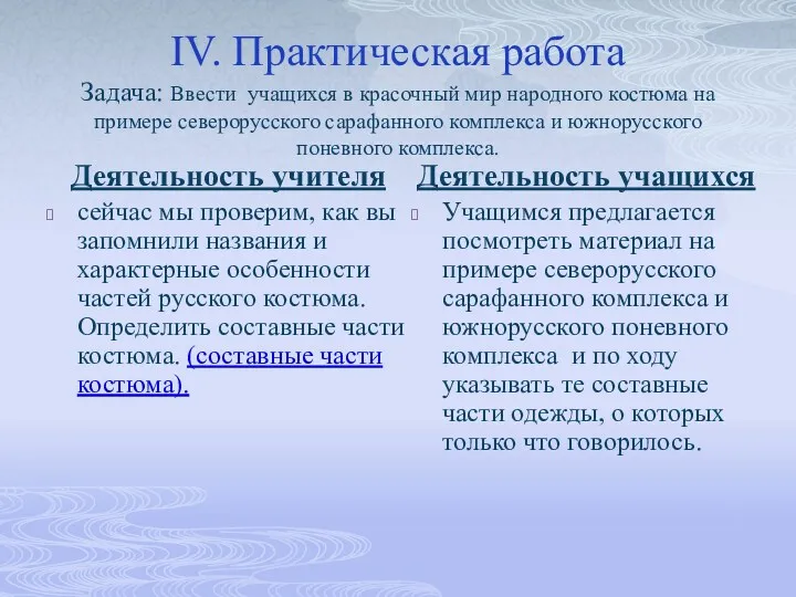 IV. Практическая работа Задача: Ввести учащихся в красочный мир народного