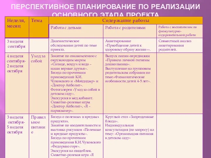 ПЕРСПЕКТИВНОЕ ПЛАНИРОВАНИЕ ПО РЕАЛИЗАЦИИ ОСНОВНОГО ЭТАПА ПРОЕКТА