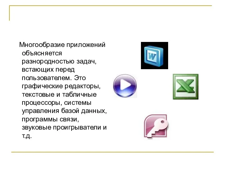 Многообразие приложений объясняется разнородностью задач, встающих перед пользователем. Это графические редакторы, текстовые и