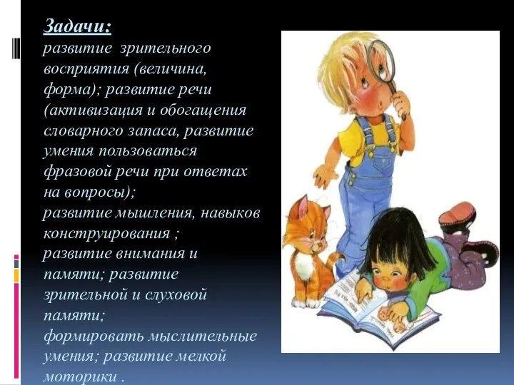 Задачи: развитие зрительного восприятия (величина, форма); развитие речи (активизация и