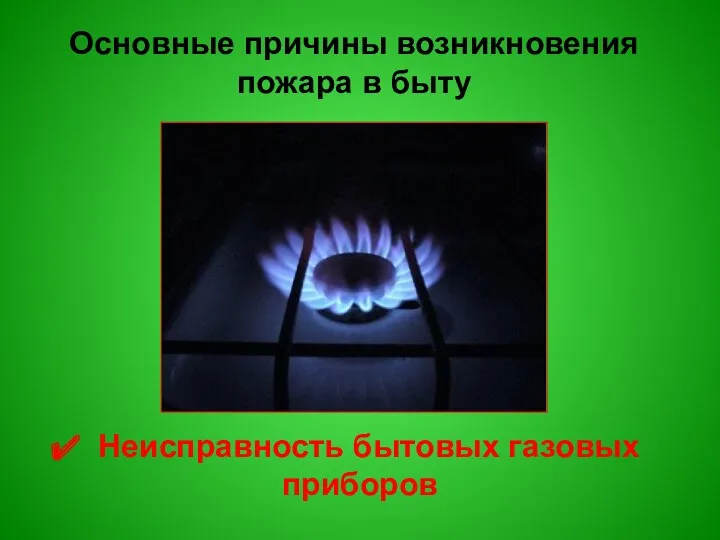 Основные причины возникновения пожара в быту Неисправность бытовых газовых приборов