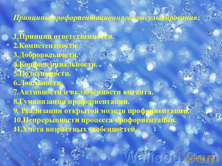 Принципы профориентационного консультирования: 1.Принцип ответственности. 2.Компетентности. 3.Добровольности. 4.Конфиденциальности. 5.Позитивности. 6.Лояльности.