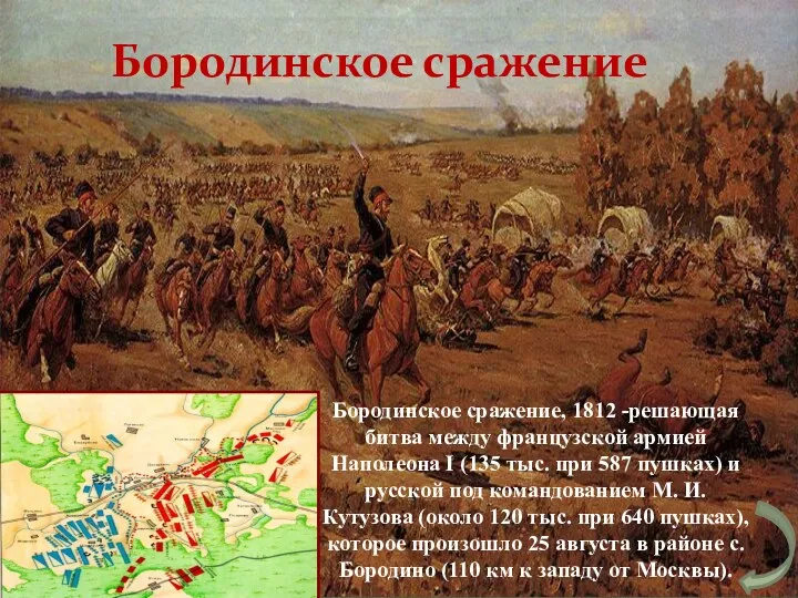 Бородинское сражение Бородинское сражение, 1812 -решающая битва между французской армией