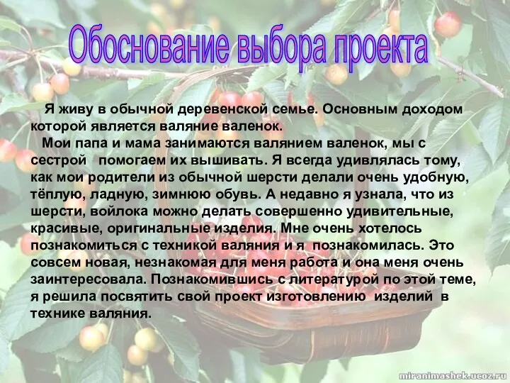 Обоснование выбора проекта Я живу в обычной деревенской семье. Основным