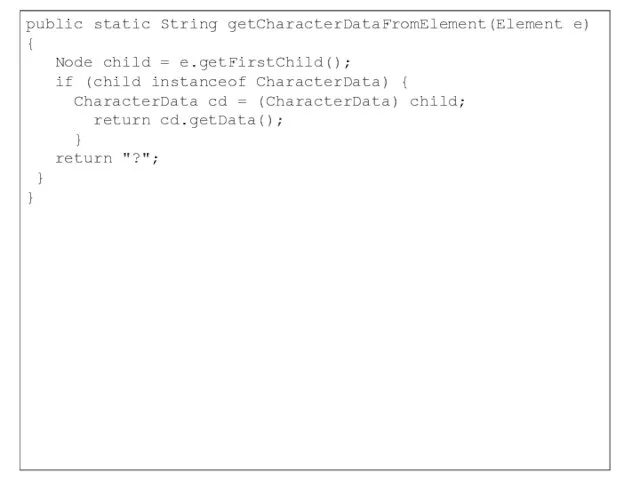 public static String getCharacterDataFromElement(Element e) { Node child = e.getFirstChild();