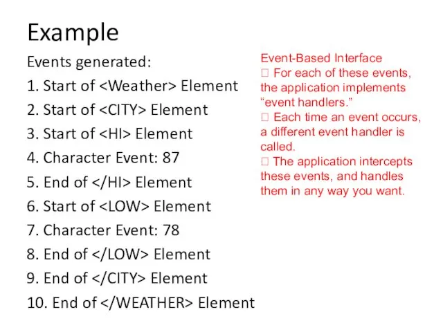 Example Events generated: 1. Start of Element 2. Start of