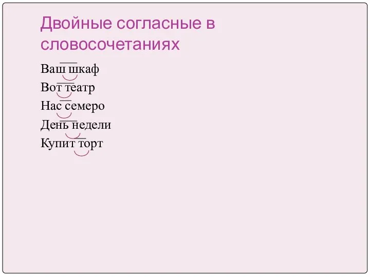 Двойные согласные в словосочетаниях Ваш шкаф Вот театр Нас семеро День недели Купит торт