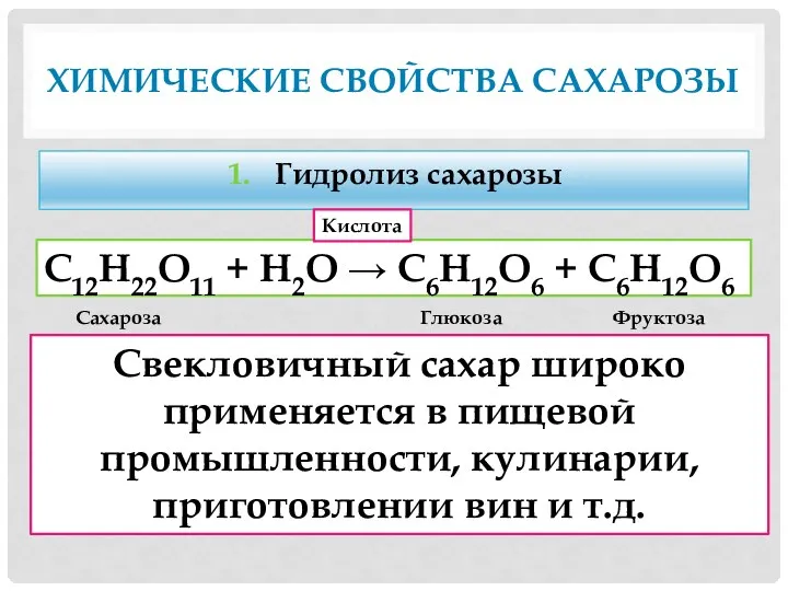 Химические свойства сахарозы Гидролиз сахарозы С12Н22О11 + Н2О → С6Н12О6 + С6Н12О6 Кислота