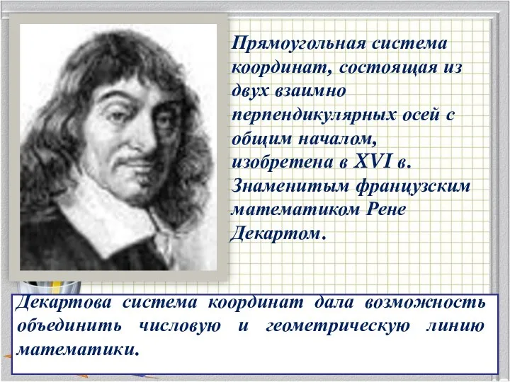 Декартова система координат дала возможность объединить числовую и геометрическую линию