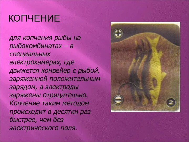 КОПЧЕНИЕ для копчения рыбы на рыбокомбинатах – в специальных электрокамерах,