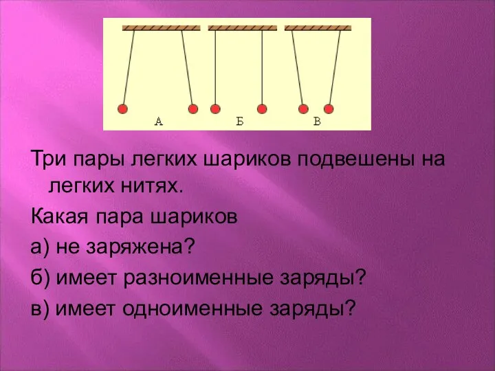 Три пары легких шариков подвешены на легких нитях. Какая пара