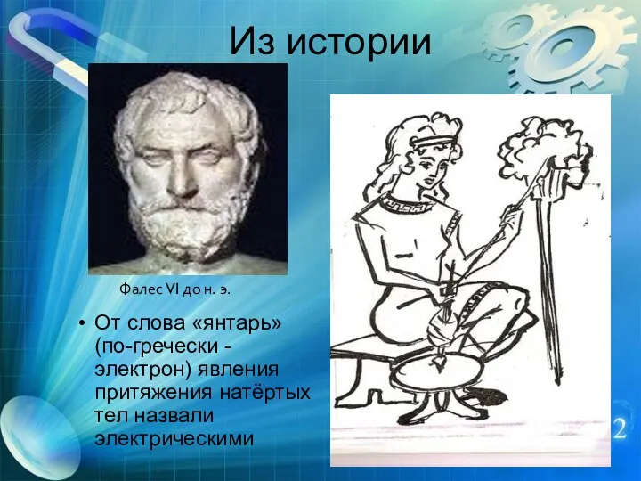 Из истории От слова «янтарь» (по-гречески -электрон) явления притяжения натёртых