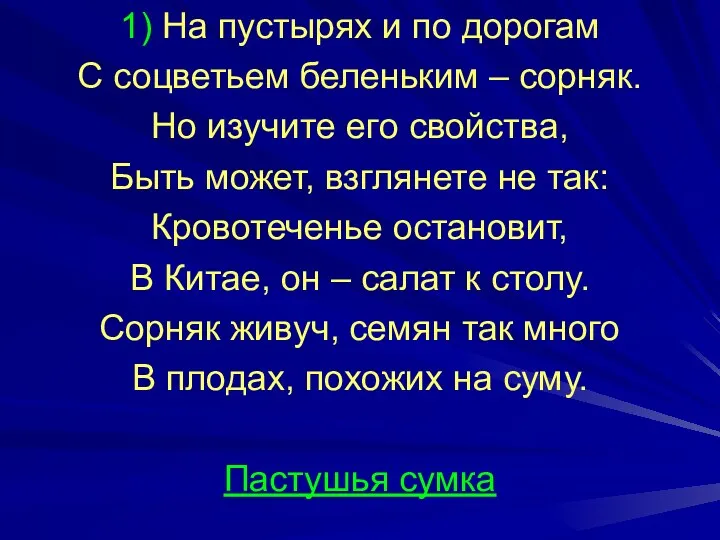 1) На пустырях и по дорогам С соцветьем беленьким –